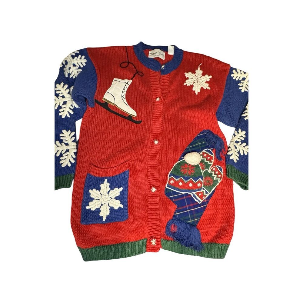 VTG Sharon Young Christmas Sweater Cardigan Womens Small Cotton Blend Red